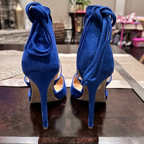 Blue suede like pointed toe stiletto pumps, tie up ankle straps, NWT sz 9 - Picture 2 of 7